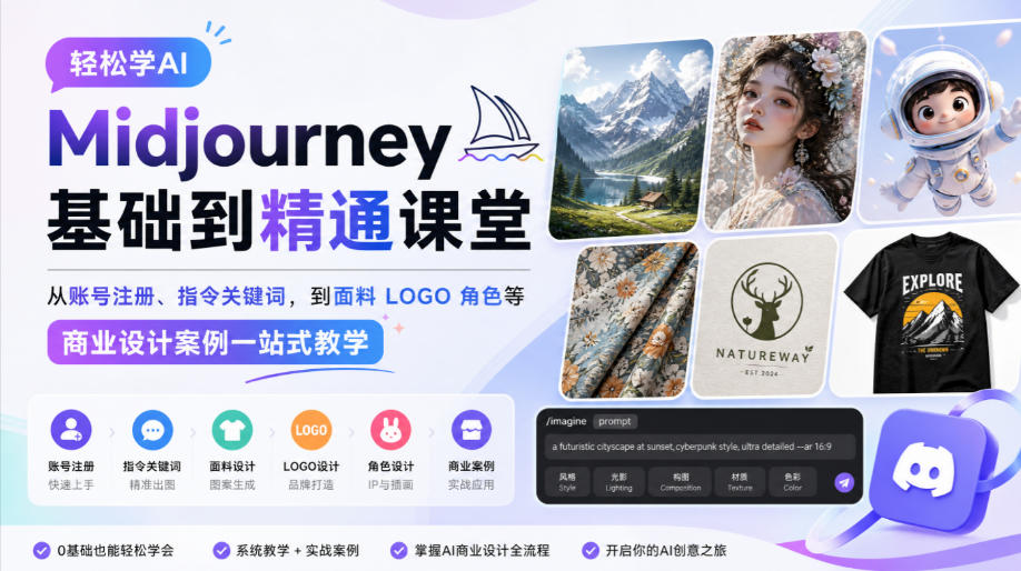 轻松学AI Midjourney基础到精通课堂，从账号注册、指令关键词，到面料LOGO角色等商业设计案例一站式教学-轻创星球网