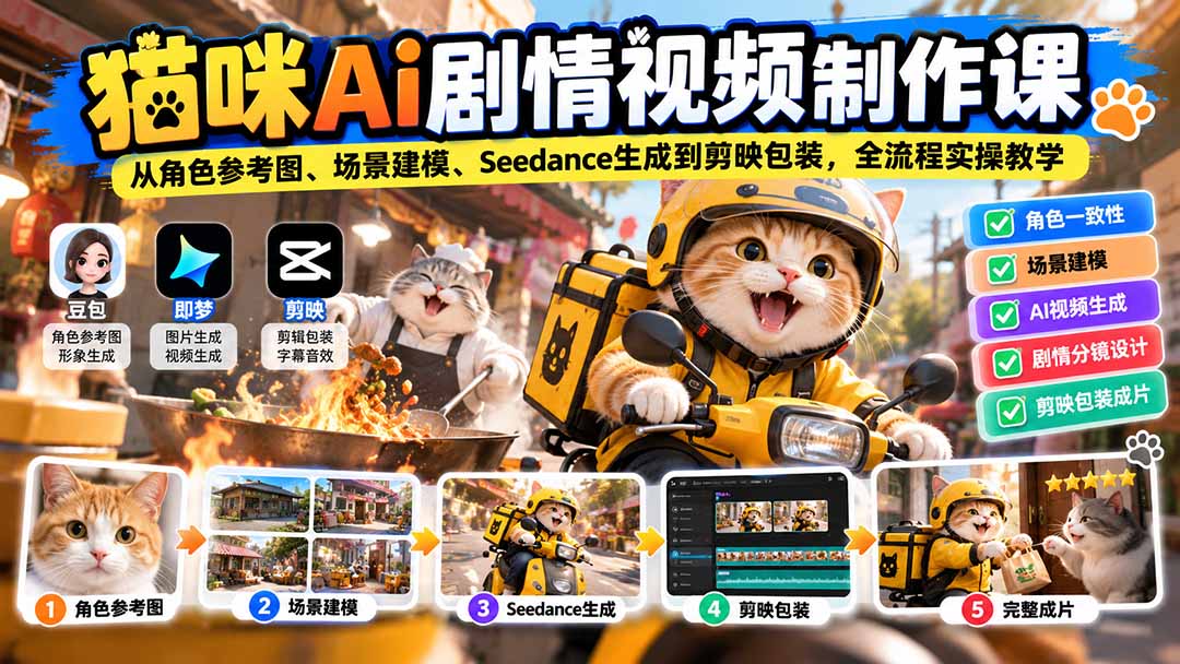 猫咪AI剧情视频制作课：从角色参考图、场景建模、Seedance生成到剪映包装，全流程实操教学-轻创星球网
