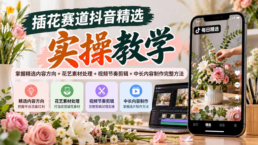 插花赛道抖音精选实操教学：掌握精选内容方向+花艺素材处理+视频节奏剪辑+中长内容制作完整方法-轻创星球网