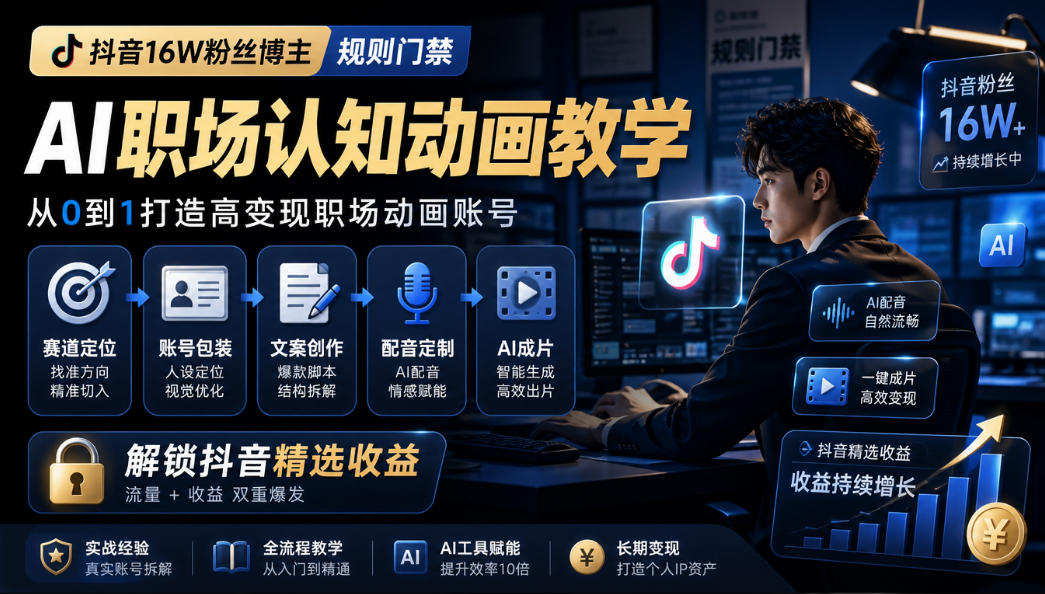 抖音16W粉丝博主规则门禁的AI职场认知动画教学，从赛道定位、账号包装，到文案创作、配音定制、AI成片，解锁抖音精选收益-轻创星球网