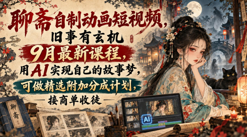聊斋自制动画短视频，旧事有玄机9月最新课程，用AI实现自己的故事梦，可做精选附加分成计划，接商单收徒-轻创星球网