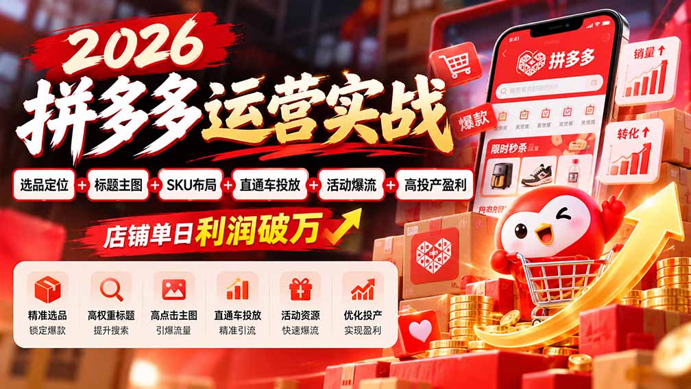2026拼多多运营实战-更新1002：选品定位+标题主图+SKU布局+直通车投放+活动爆流+高投产盈利 店铺单日利润破万-轻创星球网