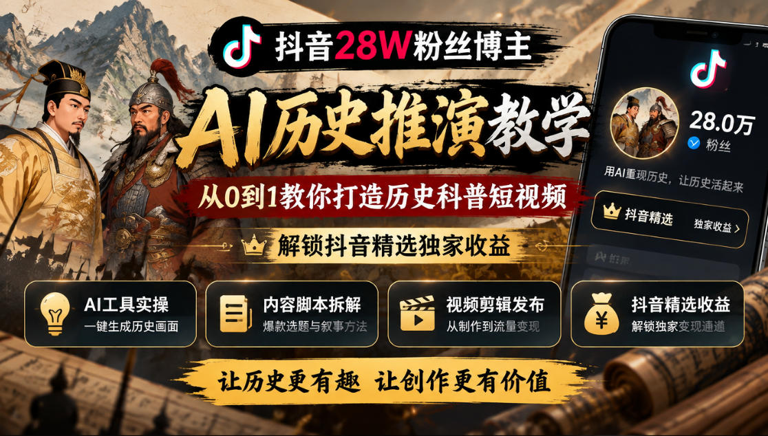 抖音28W粉丝博主的AI历史推演教学，从0到1教你打造历史科普短视频，解锁抖音精选独家收益-轻创星球网