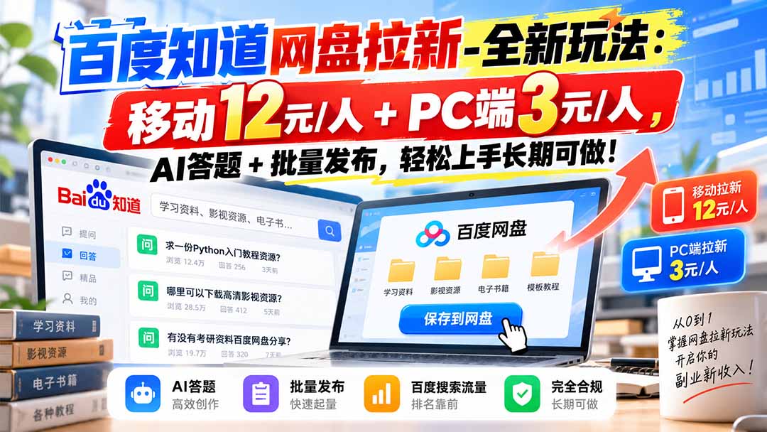 百度知道网盘拉新-全新玩法：移动12元/人+PC端3元/人，AI答题+批量发布，轻松上手长期可做！-轻创星球网