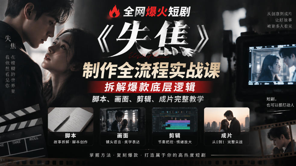全网爆火短剧《失焦》制作全流程实战课｜拆解爆款底层逻辑，脚本、画面、剪辑、成片完整教学-轻创星球网
