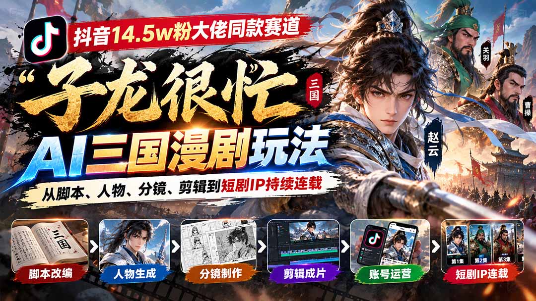 抖音14.5w粉大佬同款赛道「子龙很忙」AI三国漫剧玩法：从脚本、人物、分镜、剪辑到短剧IP持续连载-轻创星球网