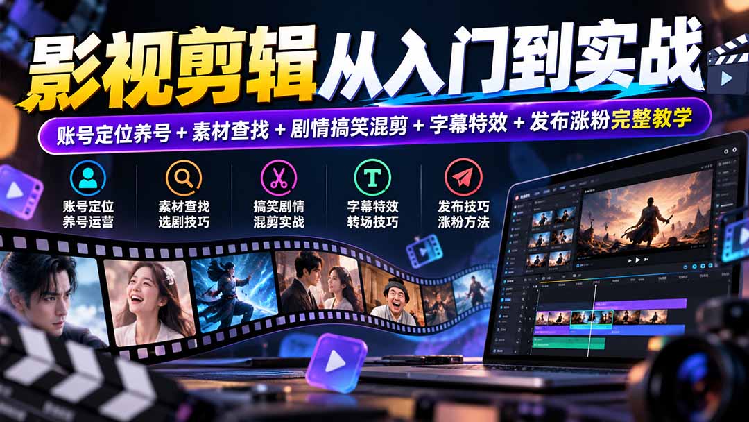 影视剪辑从入门到实战：账号定位养号+素材查找+剧情搞笑混剪+字幕特效+发布涨粉完整教学-轻创星球网