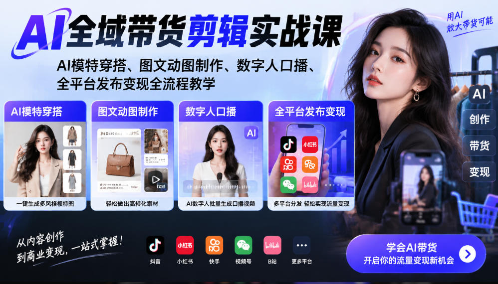 AI全域带货剪辑实战课｜AI模特穿搭、图文动图制作、数字人口播、全平台发布变现全流程教学-轻创星球网