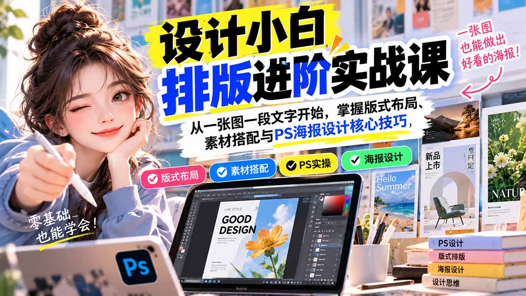 设计小白排版进阶实战课：从一张图一段文字开始，掌握版式布局、素材搭配与PS海报设计核心技巧-轻创星球网