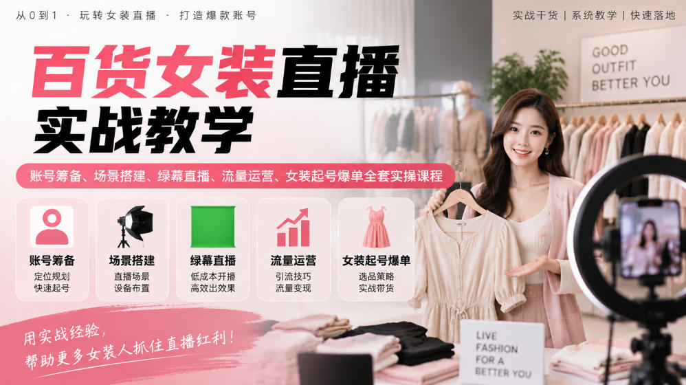 百货女装直播实战教学｜账号筹备、场景搭建、绿幕直播、流量运营、女装起号爆单全套实操课程-轻创星球网
