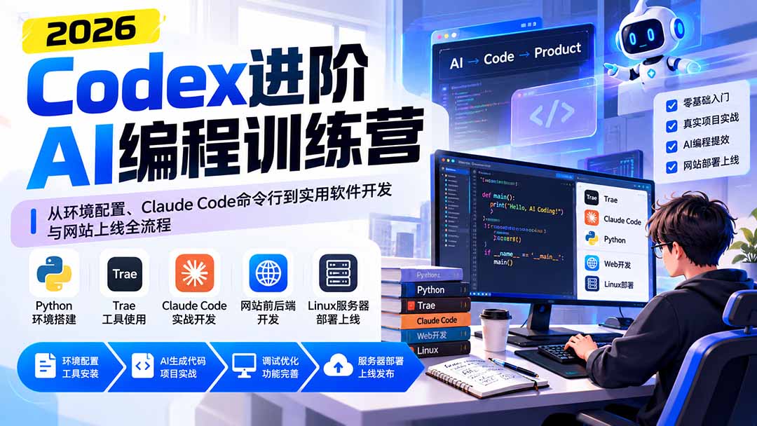 Codex进阶AI编程训练营：从环境配置、Claude Code命令行到实用软件开发与网站上线全流程-轻创星球网