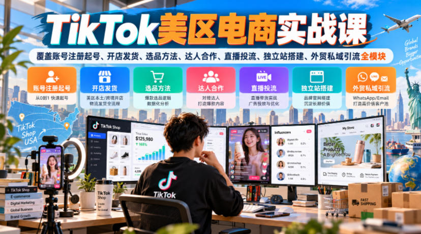 TikTok美区电商实战课，覆盖账号注册起号、开店发货、选品方法、达人合作、直播投流、独立站搭建、外贸私域引流全模块-轻创星球网