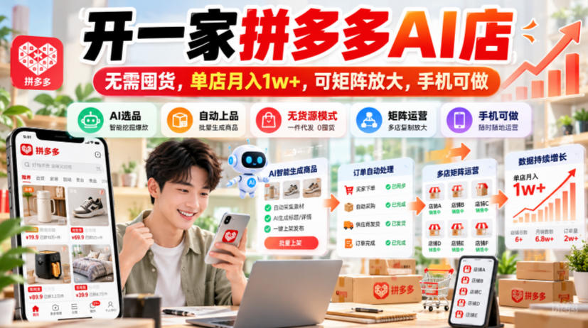开一家拼多多AI店，无需囤货，单店月入1w+，可矩阵放大，手机可做【揭秘】-轻创星球网