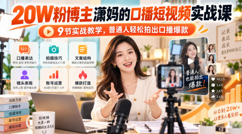 20W粉博主潇妈的口播短视频实战课，9节实战教学，普通人轻松拍出口播爆款-轻创星球网