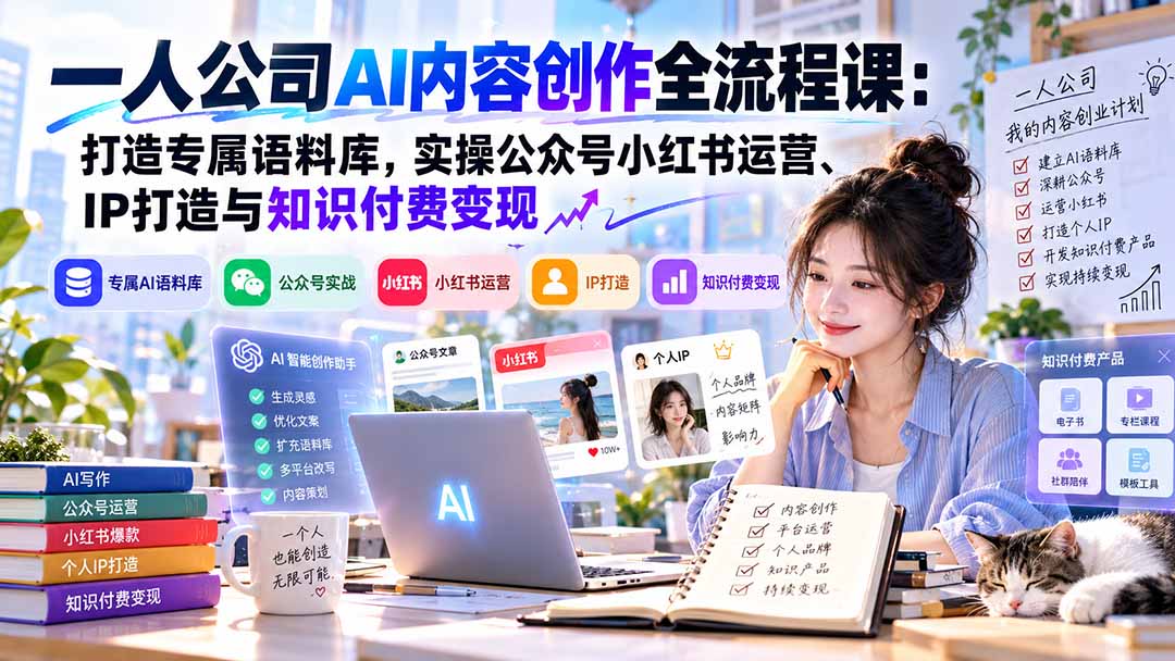 一人公司AI内容创作全流程课：打造专属语料库，实操公众号小红书运营、IP打造与知识付费变现方法论-轻创星球网