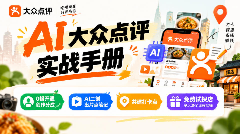 某局的AI大众点评实战手册，0粉开通创作分成、AI二创出片点笔记、共建打卡点、免费试探店多玩法全流程实操-轻创星球网