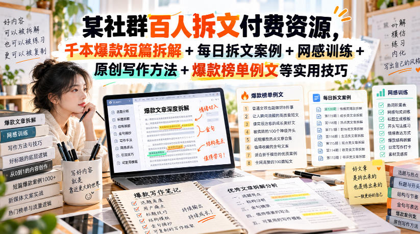(无水印)某社群百人拆文付费资源，千本爆款短篇拆解+每日拆文案例+网感训练+原创写作方法+爆款榜单例文等实用技巧(更新1009)-轻创星球网