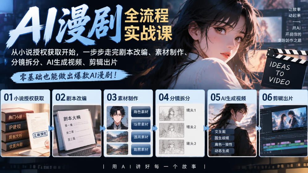AI漫剧全流程实战课｜从小说授权获取开始，一步步走完剧本改编、素材制作、分镜拆分、AI生成视频、剪辑出片全流程-轻创星球网