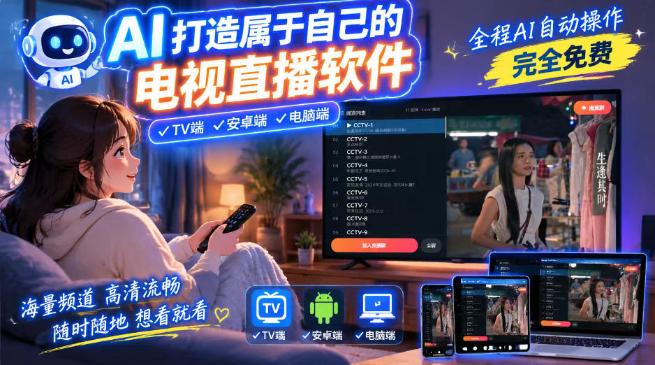 一个提示词，AI全自动做出电视直播软件，电脑、安卓、电视三端通用，完全免费，画质流畅不卡顿-轻创星球网