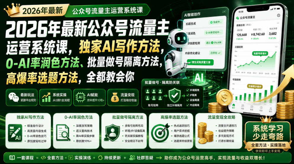 2026年最新公众号流量主运营系统课，独家AI写作方法，0-AI率润色方法、批量做号隔离方法、高爆率选题方法，全都教会你(更新1009)-轻创星球网