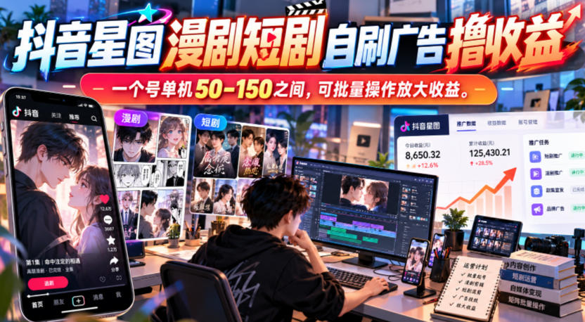 抖音星图漫剧短剧自刷广告撸收益，一个号单机50-150之间，可批量操作放大收益-轻创星球网