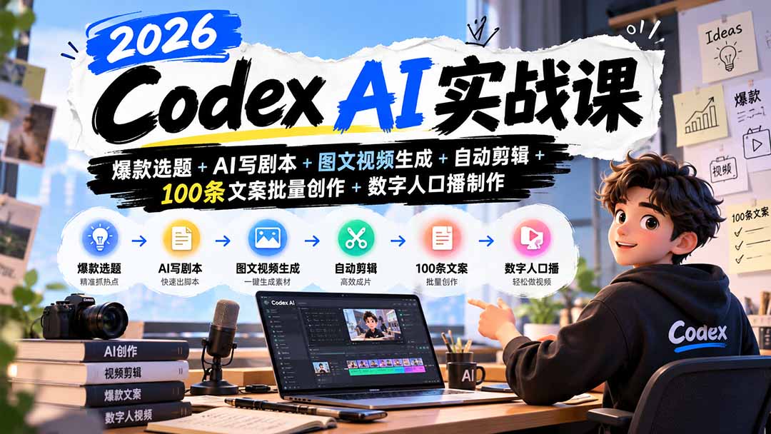 2026Codex AI实战课：爆款选题+AI写剧本+图文视频生成+自动剪辑+100条文案批量创作+数字人口播制作-轻创星球网
