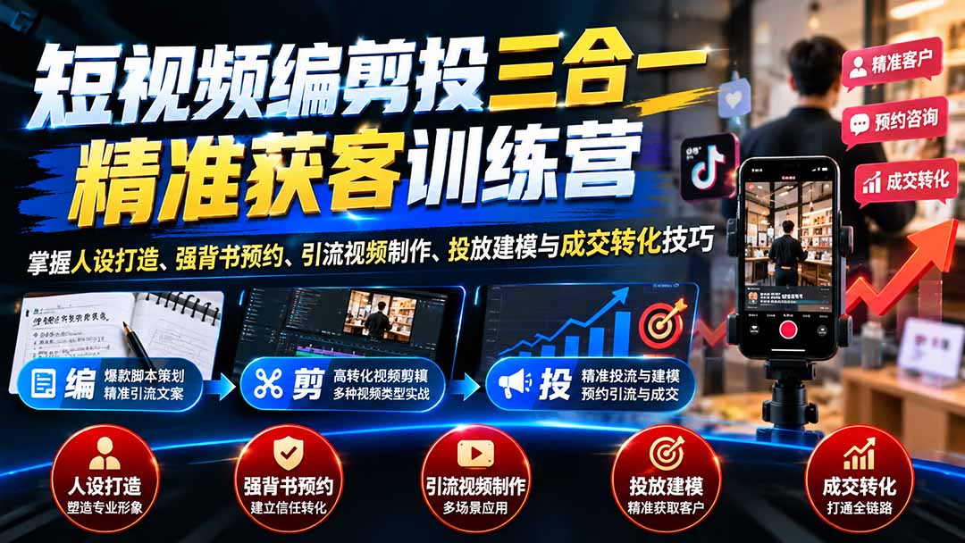 短视频编剪投三合一精准获客训练营：掌握人设打造、强背书预约、引流视频制作、投放建模与成交转化技巧-轻创星球网