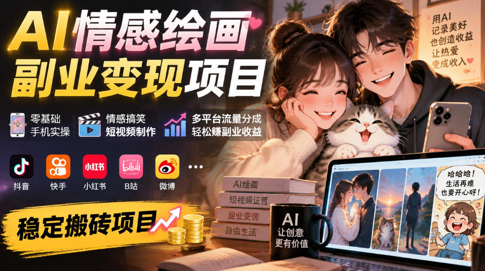 AI情感绘画副业变现项目｜零基础手机实操，情感搞笑短视频制作，多平台流量分成轻松賺副业收益-轻创星球网