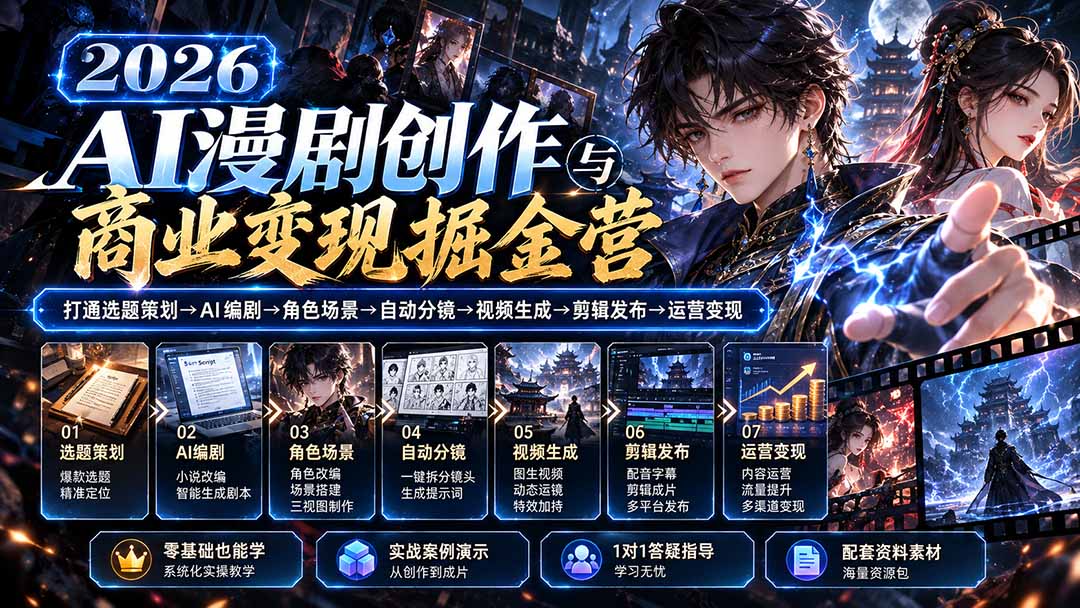【无水印】2026AI漫剧创作与商业变现掘金营：打通选题→AI编剧→角色场景→自动分镜→视频生成→剪辑发布→运营变现-轻创星球网
