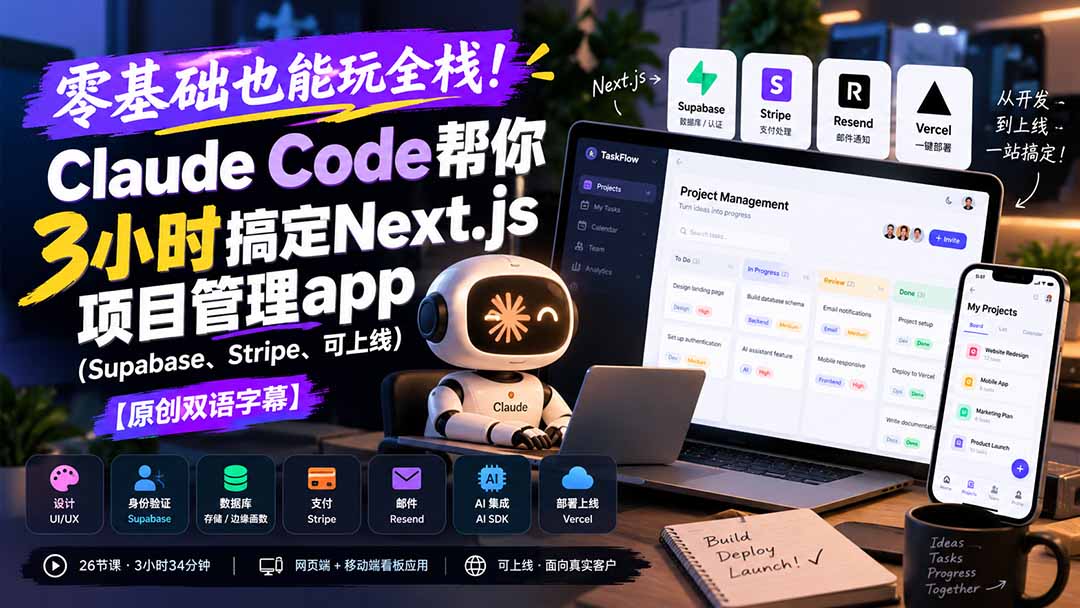 零基础也能玩全栈！Claude Code帮你3小时搞定Next.js项目管理app(Supabase、Stripe、可上线-轻创星球网