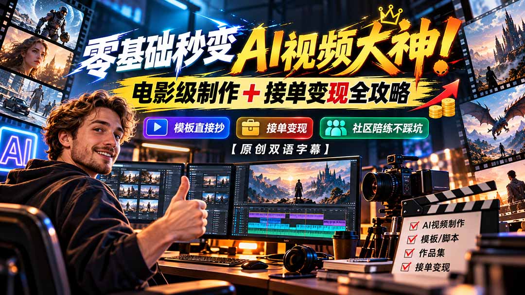 零基础秒变AI视频大神！电影级制作 + 接单变现全攻略，模板直接抄，社区陪练不踩坑【原创双语字幕】-轻创星球网