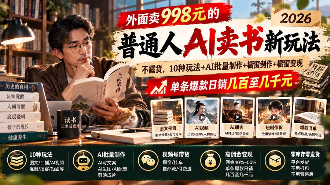 外面卖998元的2026普通人AI卖书新玩法：不露脸、不囤货，10种玩法+AI批量制作+橱窗变现，单条爆款日销几百至几千元-轻创星球网