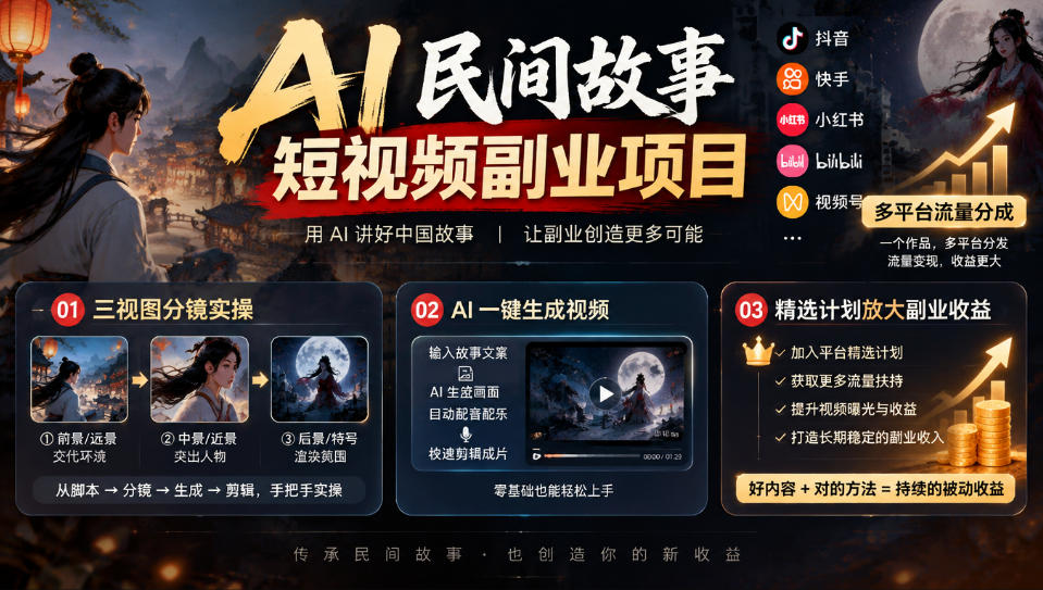 AI民间故事短视频副业项目，多平台流量分成，三视图分镜实操，精选计划放大副业收益-轻创星球网