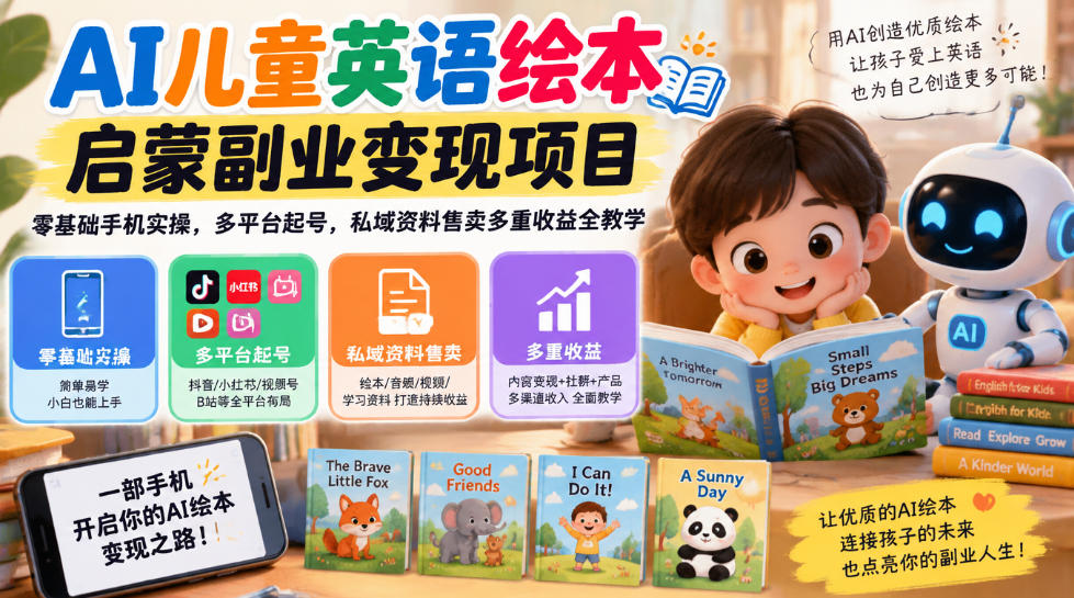 AI儿童英语绘本启蒙副业变现项目，零基础手机实操，多平台起号，私域资料售卖多重收益全教学-轻创星球网