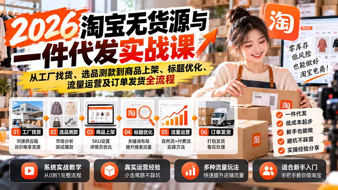 2026淘宝无货源与一件代发实战课：从工厂找货、选品测款到商品上架、标题优化、流量运营及订单发货全流程-轻创星球网
